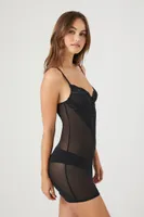 Women's Mesh Lace-Trim Lingerie Slip Dress in Black Medium