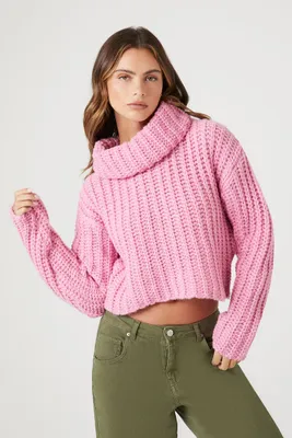 Women's Cropped Turtleneck Sweater in Pink Large