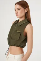 Women's Drawstring Half-Zip Crop Top Dark Olive