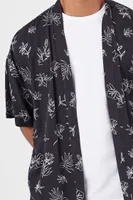 Men Floral Line Art Graphic Shirt in Black/Cream Large