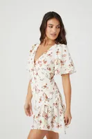 Women's Satin Floral Flounce Mini Dress in Ivory Small