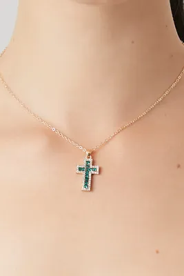 Women's Rhinestone Cross Pendant Necklace in Gold/Green
