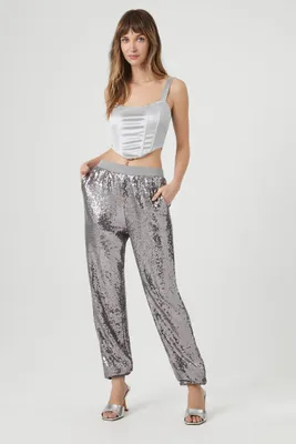 Women's Sequin Mid-Rise Ankle Joggers Silver