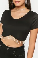 Women's Faux Pearl-Trim Crop Top in Black, XS