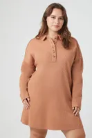 Women's Waffle Knit Shirt Mini Dress in Camel, 2X