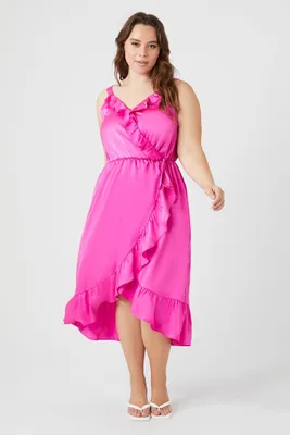 Women's Surplice Ruffle Mini Dress in Hot Pink, 1X