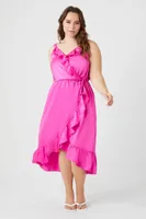 Women's Surplice Ruffle Mini Dress in Hot Pink, 1X