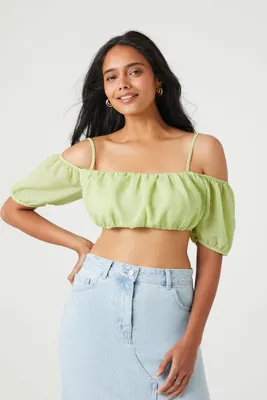 Women's Chiffon Off-the-Shoulder Crop Top in Pistachio Small