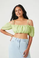 Women's Chiffon Off-the-Shoulder Crop Top in Pistachio Small