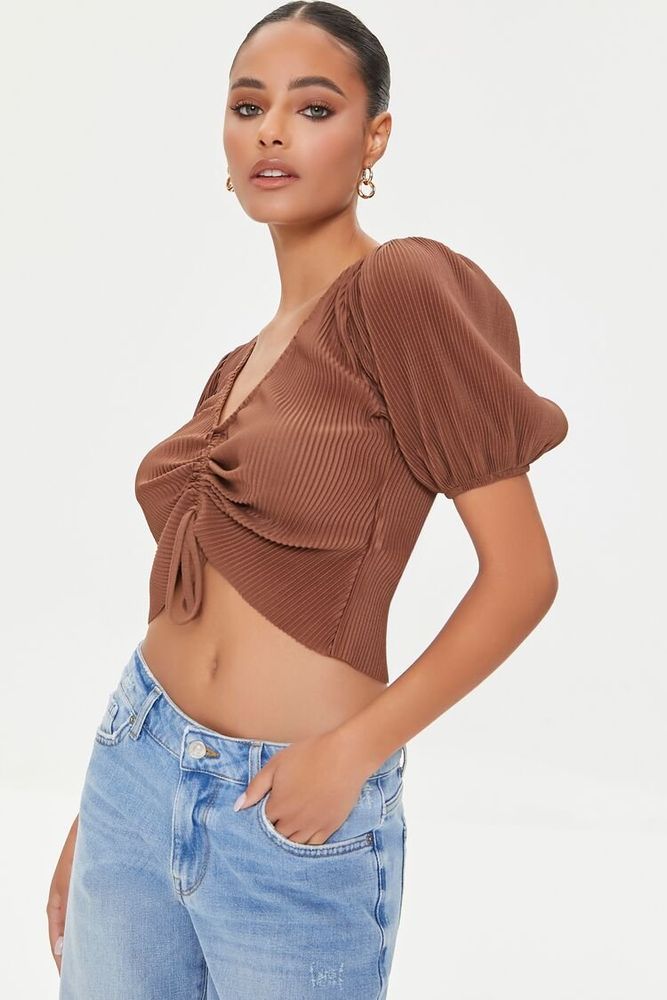 Women's Peasant-Sleeve Crop Top Chocolate