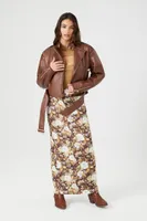 Women's Belted Faux Leather Moto Jacket in Brown Large