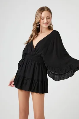 Women's Plunging Ruffle-Trim Mini Dress in Black, XS