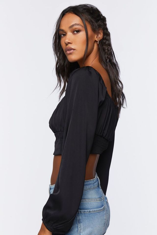 Forever 21 Women's Peasant-Sleeve Crop Top in Black Large | Foxvalley Mall