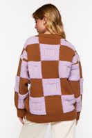 Women's Fuzzy Checkered Sweater in Purple/Brown Large