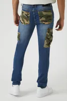 Men Camo Patchwork Slim-Fit Jeans in Medium Denim, 30