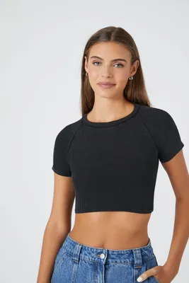 Women's Rib-Knit Cropped T-Shirt in Black, XL
