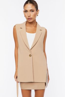 Women Notched Button-Front Blazer Vest in Tan Small