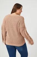 Women's Cable Knit Fringe Sweater in Tan, 1X