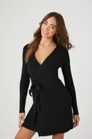 Women's Sweater Mini Wrap Dress in Black, XS