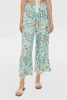 Women's Paisley Print Paperbag Satin Pants in Aqua Large