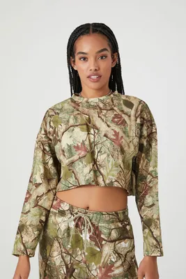 Women's Leaf Print Crop Top in Olive Small