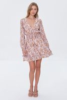 Women's Floral Print Peasant Sleeve Dress in Taupe Small