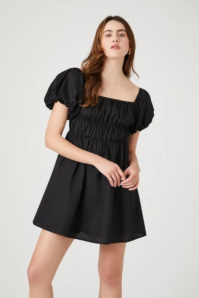 Women's Poplin Peasant Mini Dress in Black Small