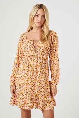 Women's Floral Print Mini Dress in Rust Medium