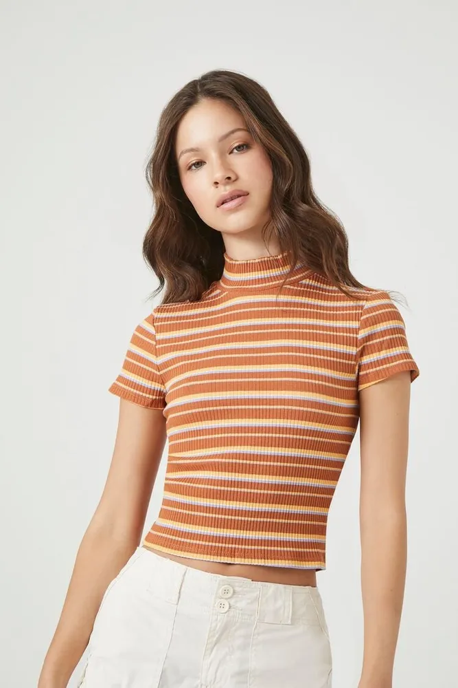 Women's Striped Mock Neck T-Shirt in Rust, XS