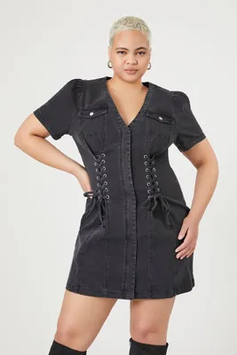 Women's Denim Lace-Up Mini Dress in Black, 1X