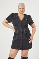 Women's Denim Lace-Up Mini Dress in Black, 1X