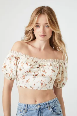 Women's Satin Floral Print Crop Top in Cream Small