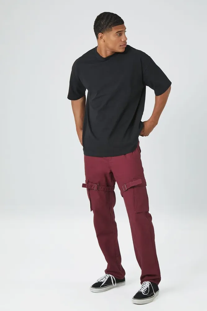 Men Twill Drawstring Utility Strap Pants in Burgundy Large