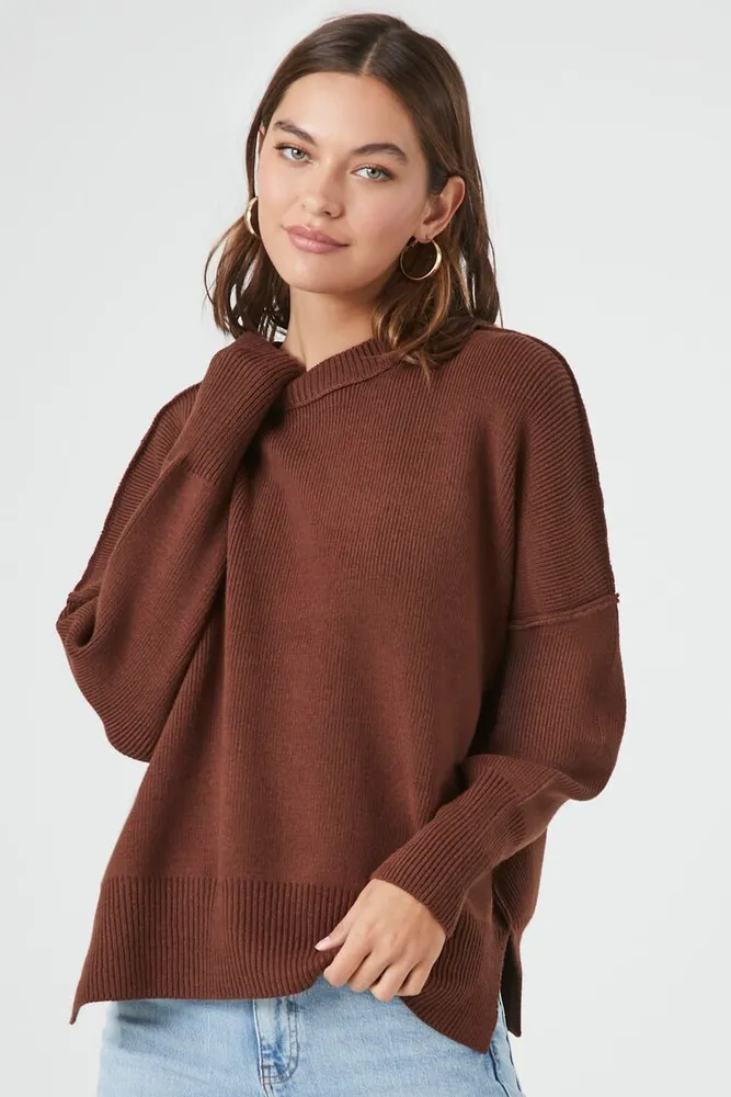 Women's Ribbed Drop-Sleeve Sweater in Brown Small