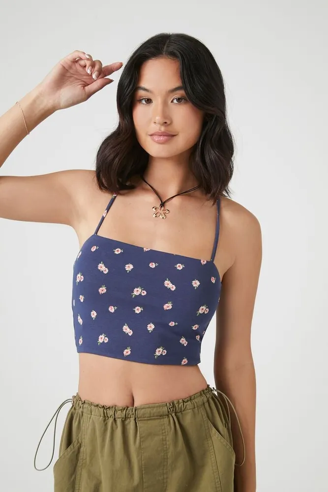 Forever 21 Women's Floral Print Cropped Cami in Blue Medium