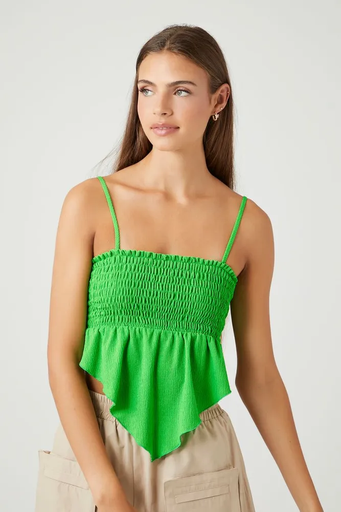 Women's Smocked Handkerchief Cropped Cami in Green, XL