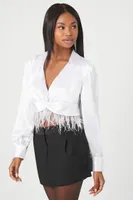 Women's Satin Feather Fringe Crop Top in White Medium