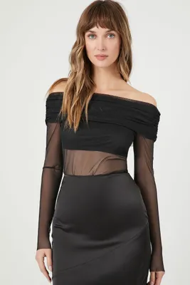 Women's Off-the-Shoulder Mesh Top in Black, XL