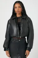 Women's Cropped Faux Leather Bomber Jacket in Black, XS