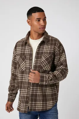 Men Plaid Curved-Hem Shirt in Brown/Cream Small