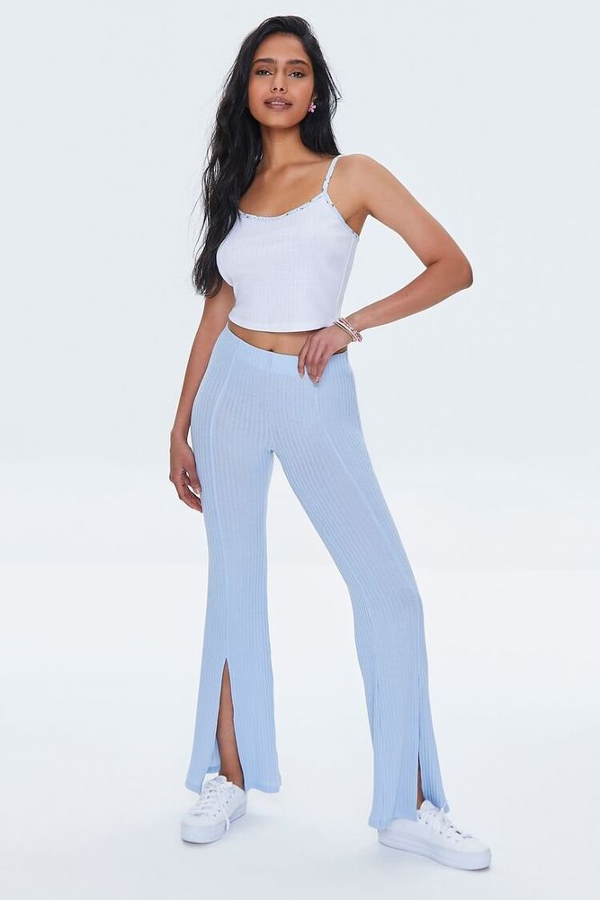 Women's Ribbed Split-Hem Pants in Sky Blue Large