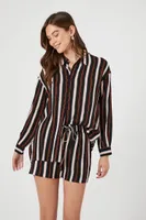 Women's Striped Long-Sleeve Shirt & Shorts Set in Black Large