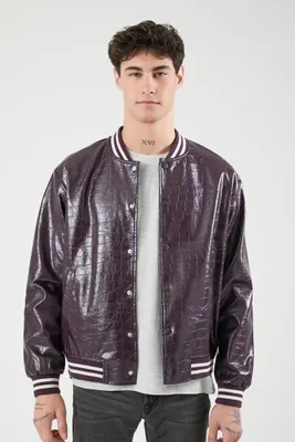 Men Faux Croc Varsity Bomber Jacket