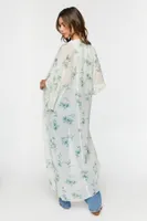 Women's Floral Print Butterfly-Sleeve Kimono in Ivory/Sage Large