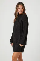 Women's Cable Knit Sweater Mini Dress in Black, XL