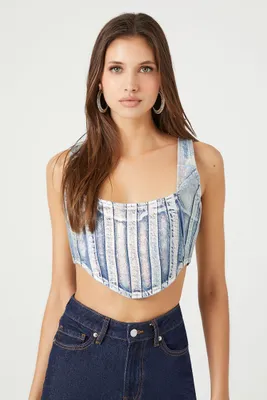 Women's Denim Curved-Hem Crop Top in Silver Small