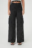 Women's Floral Eyelet Cargo Pants in Black Large