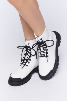 Women's Faux Leather Colorblock Combat Boots in White/Black, 7.5