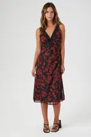 Women's Floral Print Lace-Trim Midi Dress in Black, XS