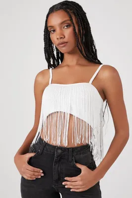 Women's Sweater-Knit Fringe Cropped Cami White